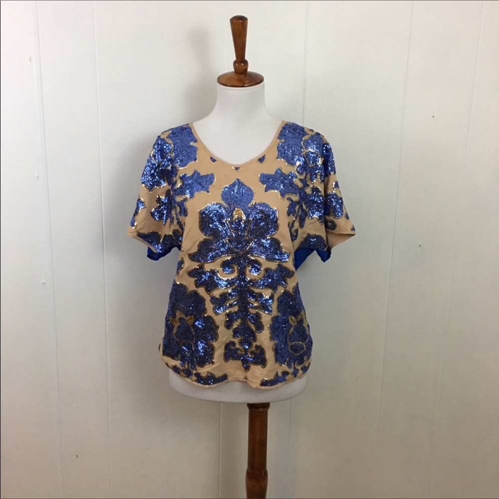 Tracy Reese Floral Sequins Short Sleeve Top